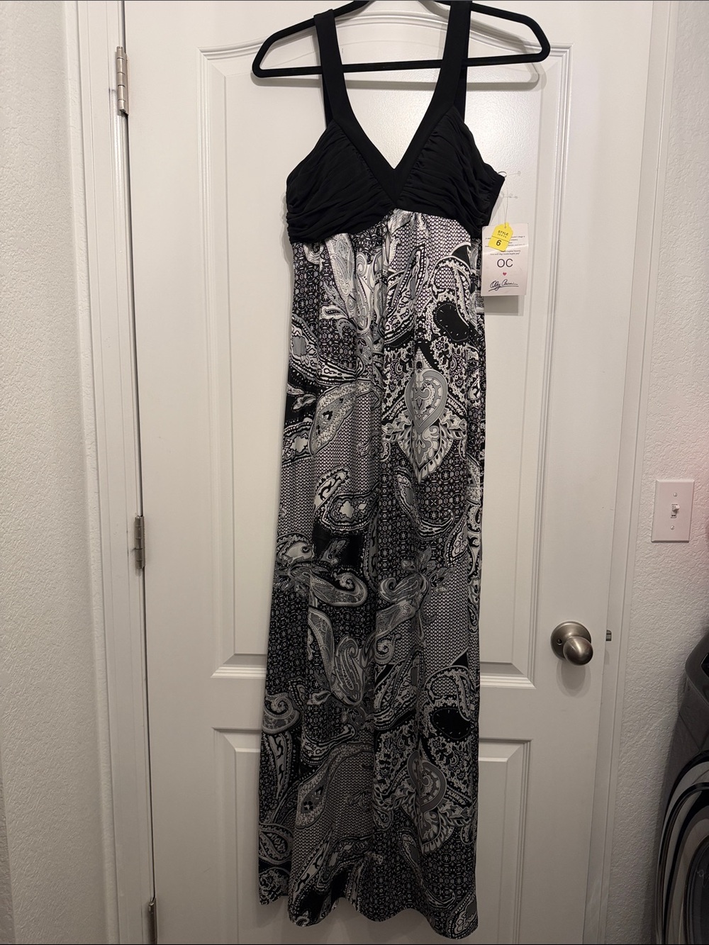 Oleg Cassini Black and White Paisley Empire Waist Maxi Dress